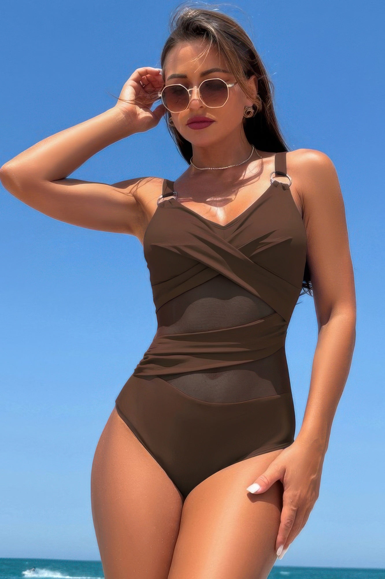 Sleeveless One Piece Cross Lace V Neck Swimsuit - It's a Girly Place