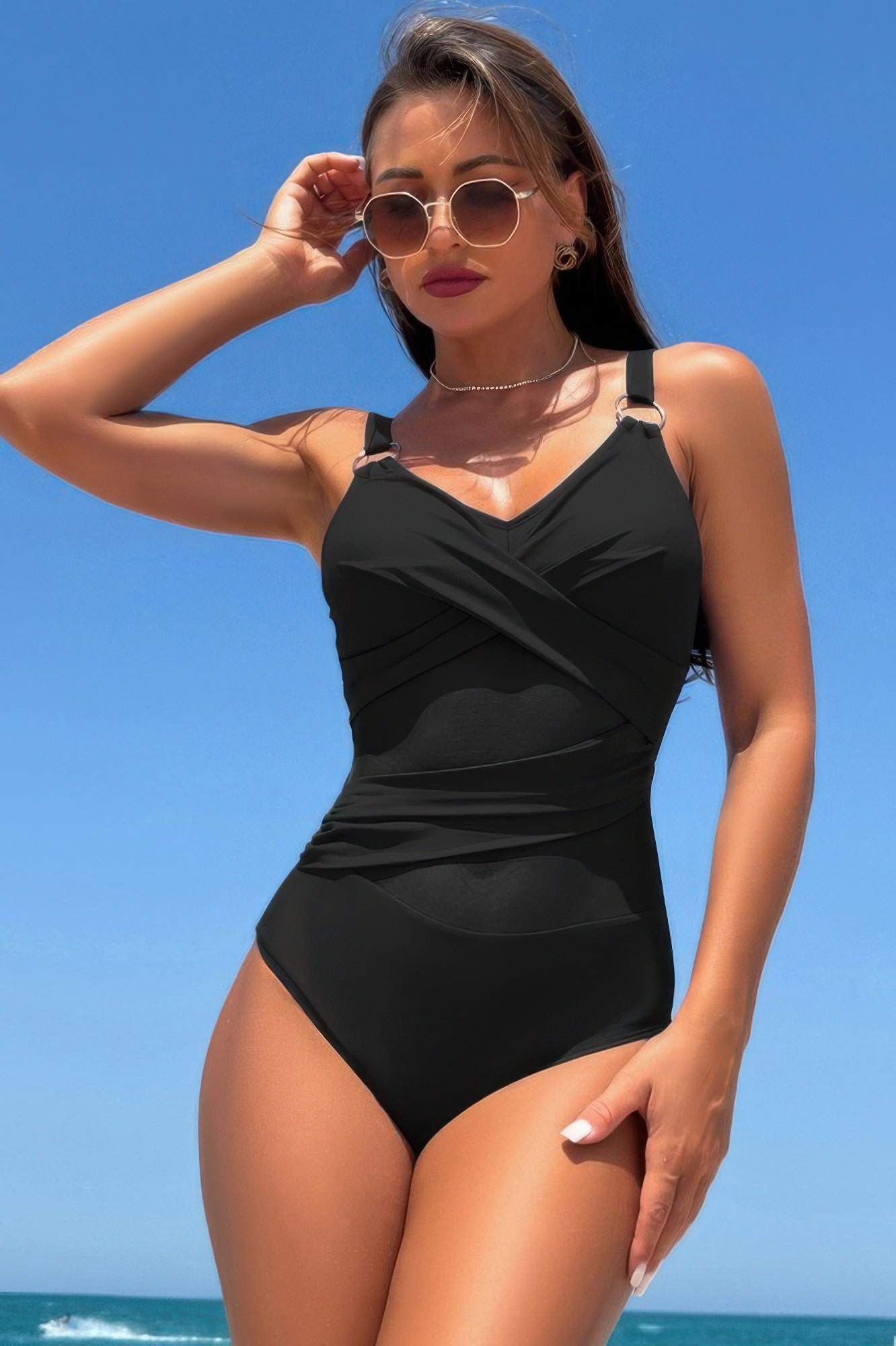 Sleeveless One Piece Cross Lace V Neck Swimsuit - It's a Girly Place