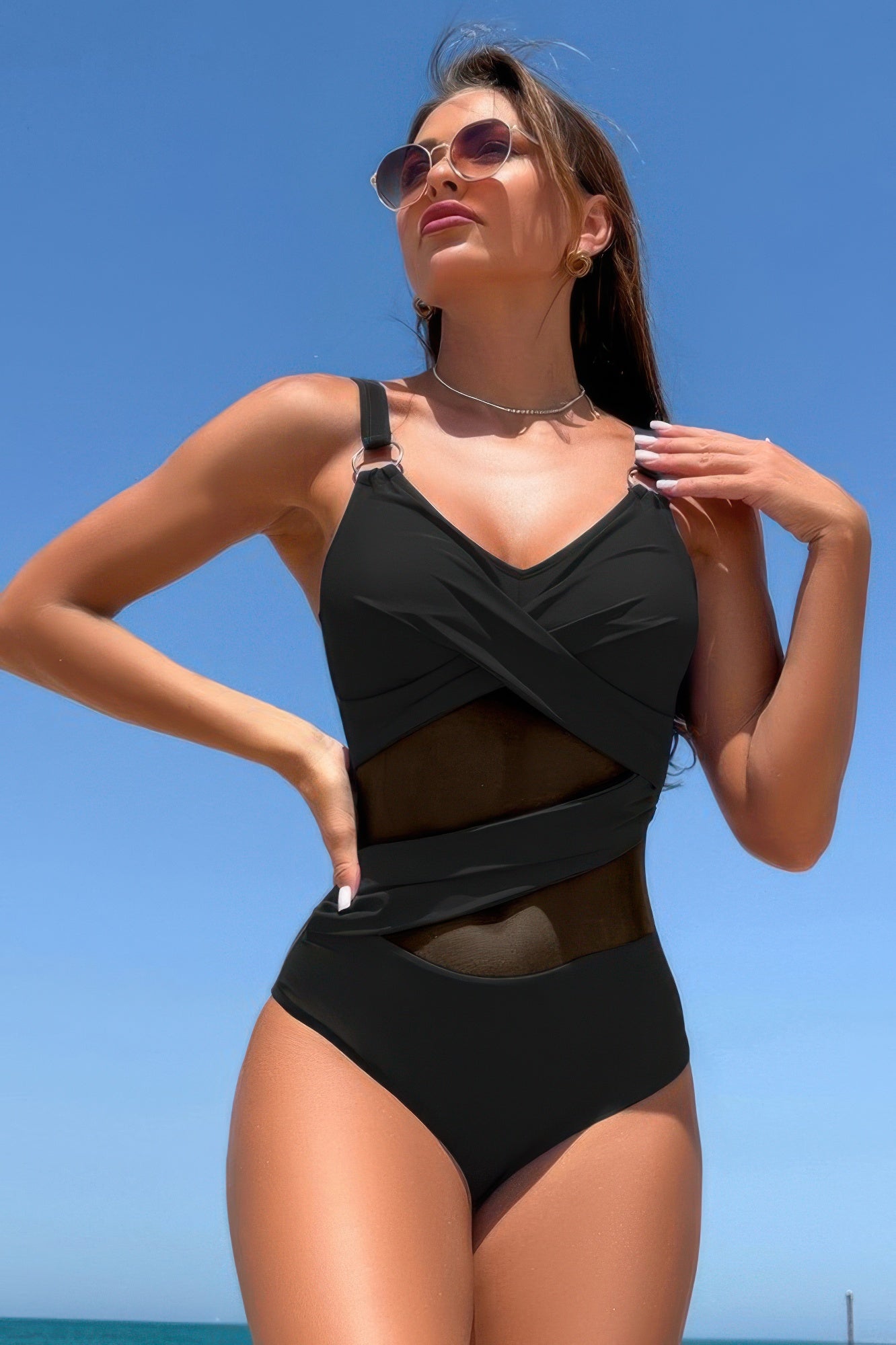 Sleeveless One Piece Cross Lace V Neck Swimsuit - It's a Girly Place