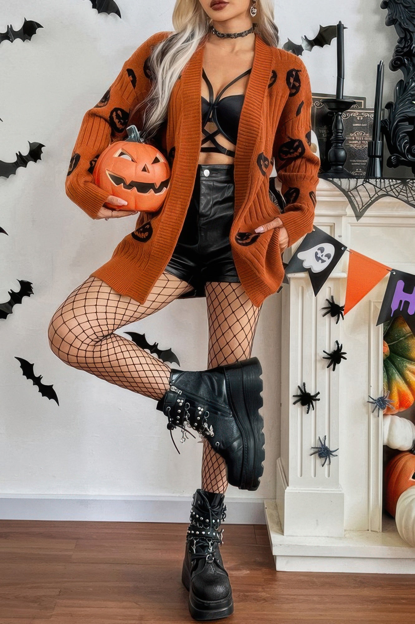 Pumpkin Print Open Front Long Sleeve Cardigan - It's a Girly Place