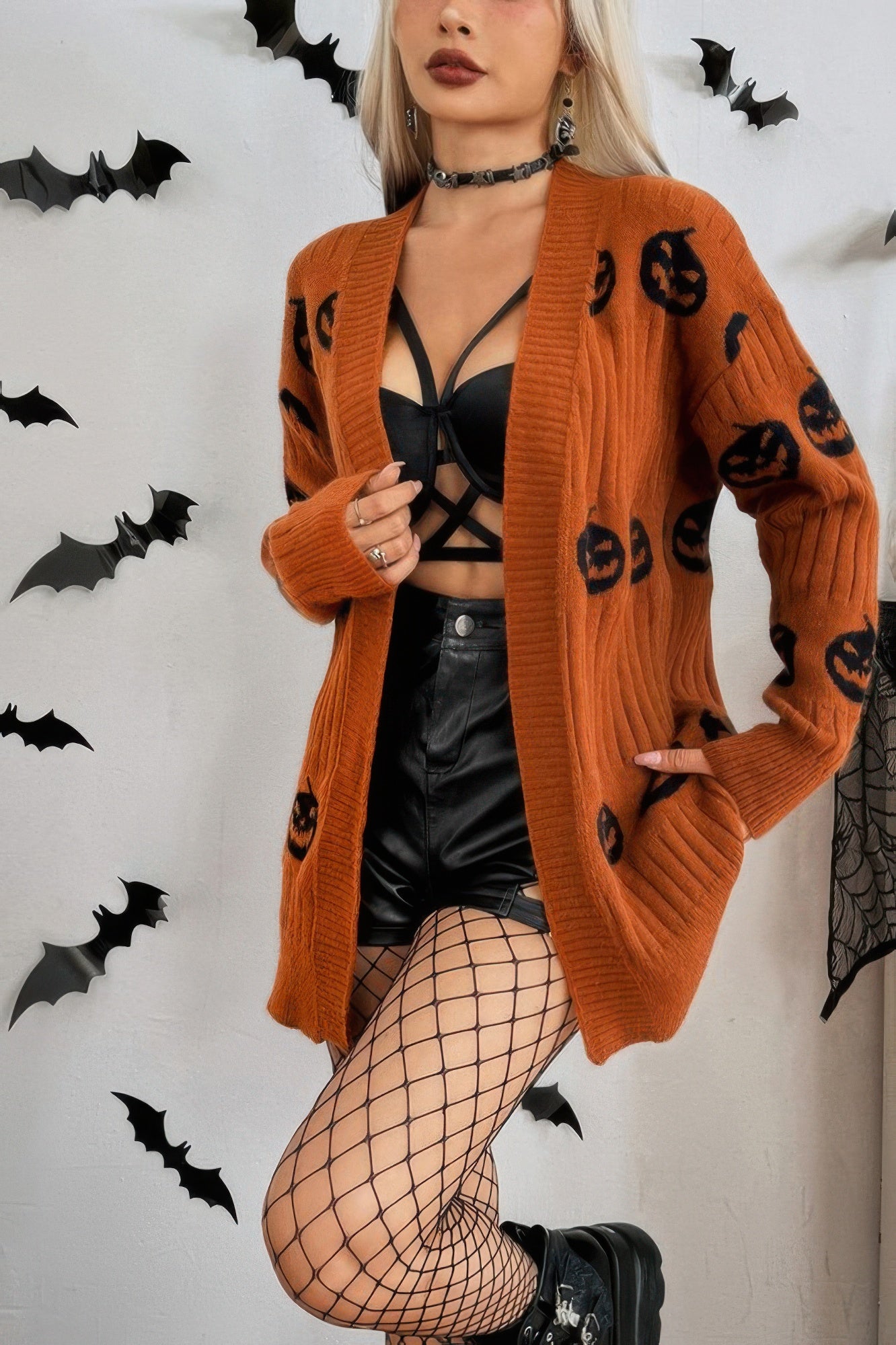 Pumpkin Print Open Front Long Sleeve Cardigan - It's a Girly Place