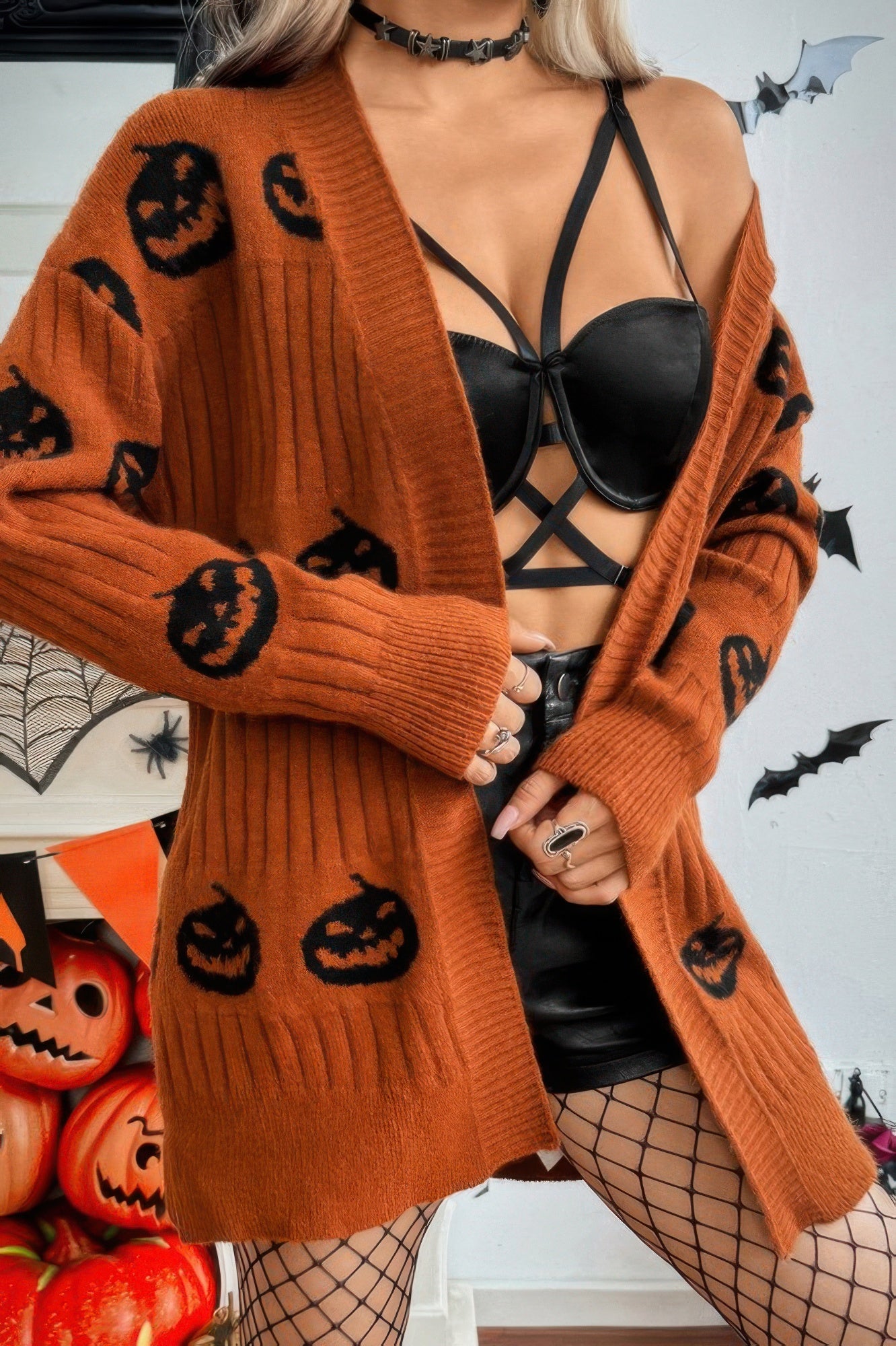 Pumpkin Print Open Front Long Sleeve Cardigan - It's a Girly Place