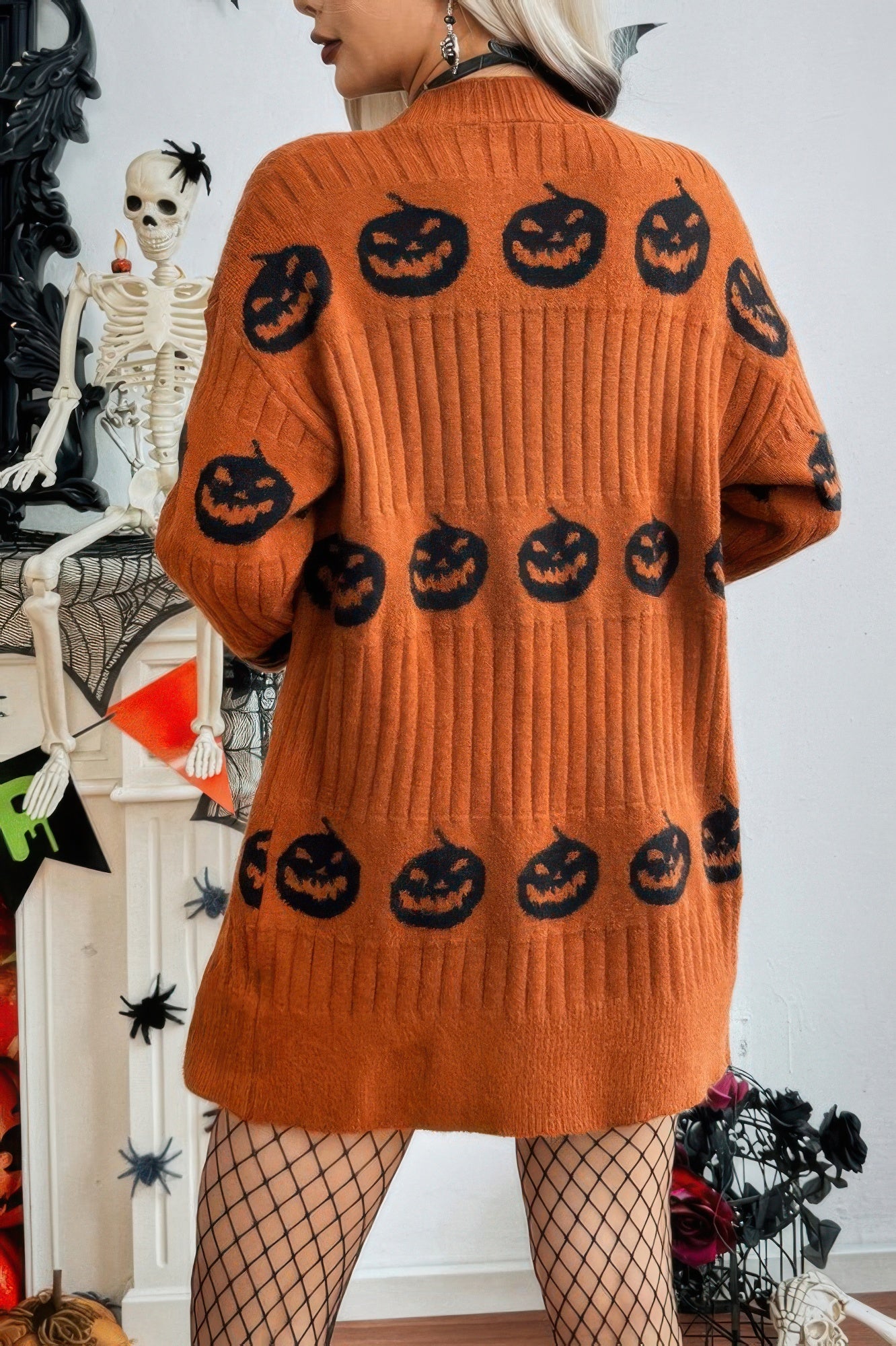 Pumpkin Print Open Front Long Sleeve Cardigan - It's a Girly Place