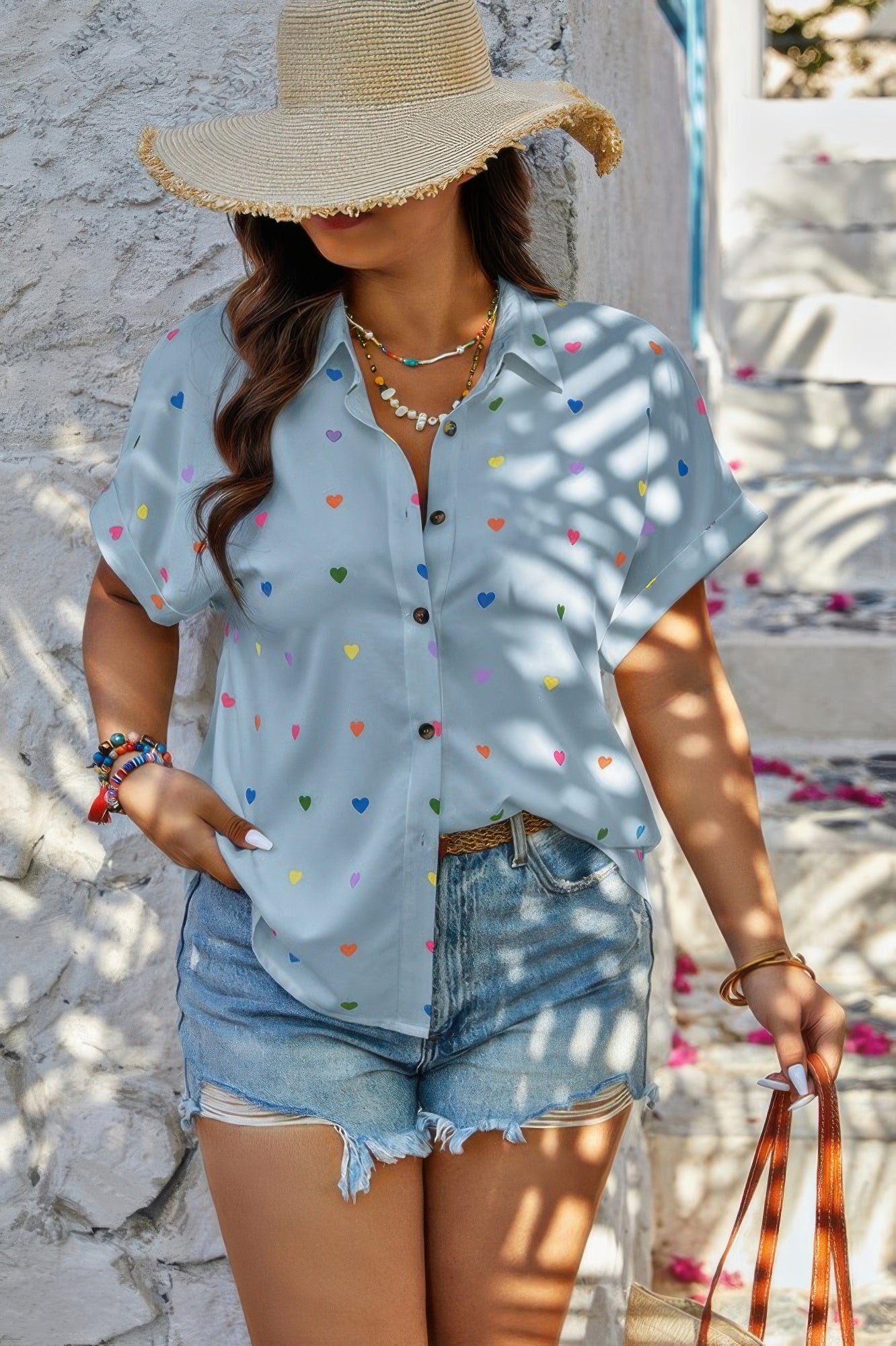 Plus Size Hearts Print Button Down Loose Blouse - It's a Girly Place