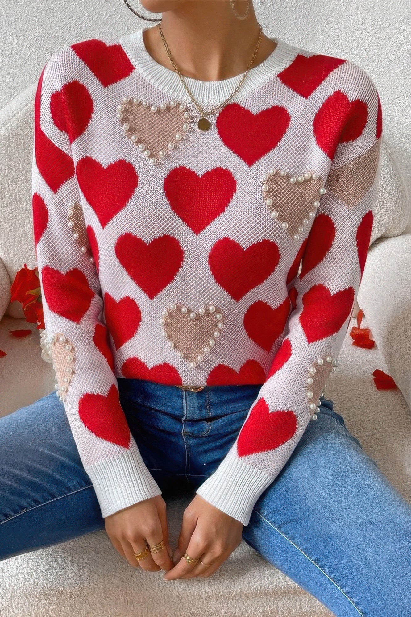 Round Neck Heart Shape Pearl Beads Knit Sweater - It's a Girly Place