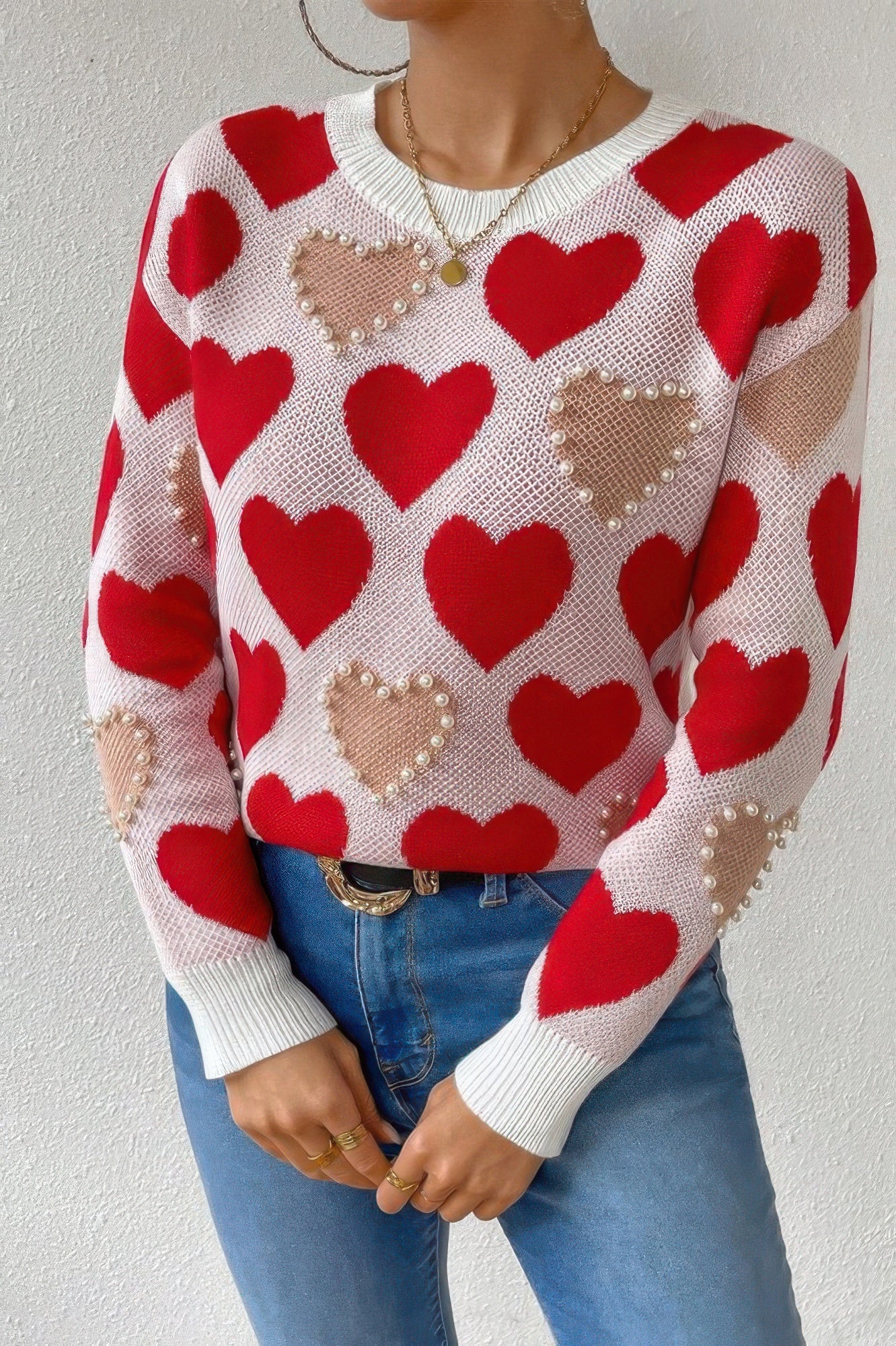 Round Neck Heart Shape Pearl Beads Knit Sweater - It's a Girly Place
