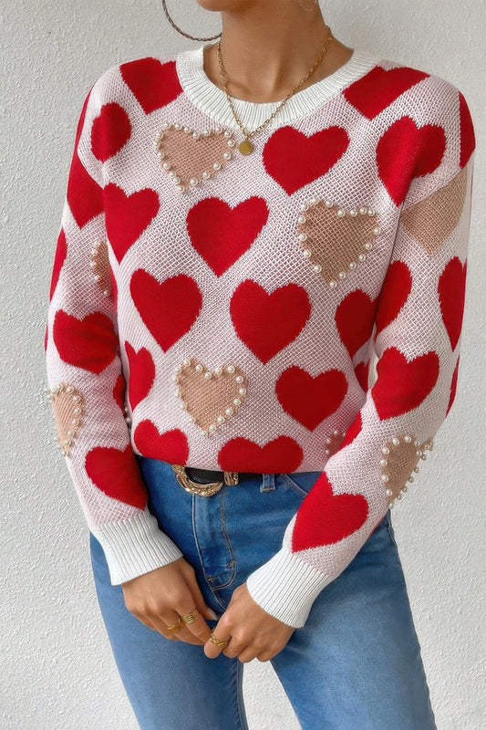 Round Neck Heart Shape Pearl Beads Knit Sweater - It's a Girly Place