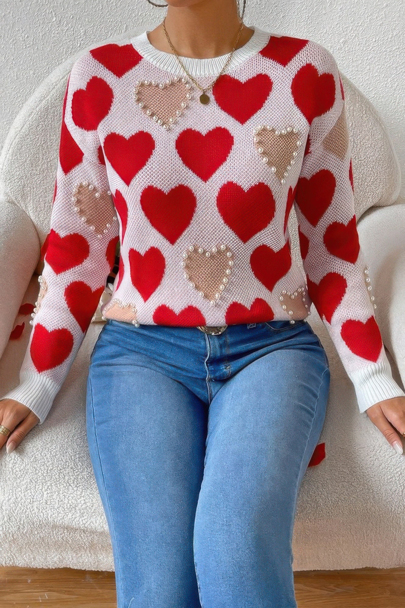 Round Neck Heart Shape Pearl Beads Knit Sweater - It's a Girly Place