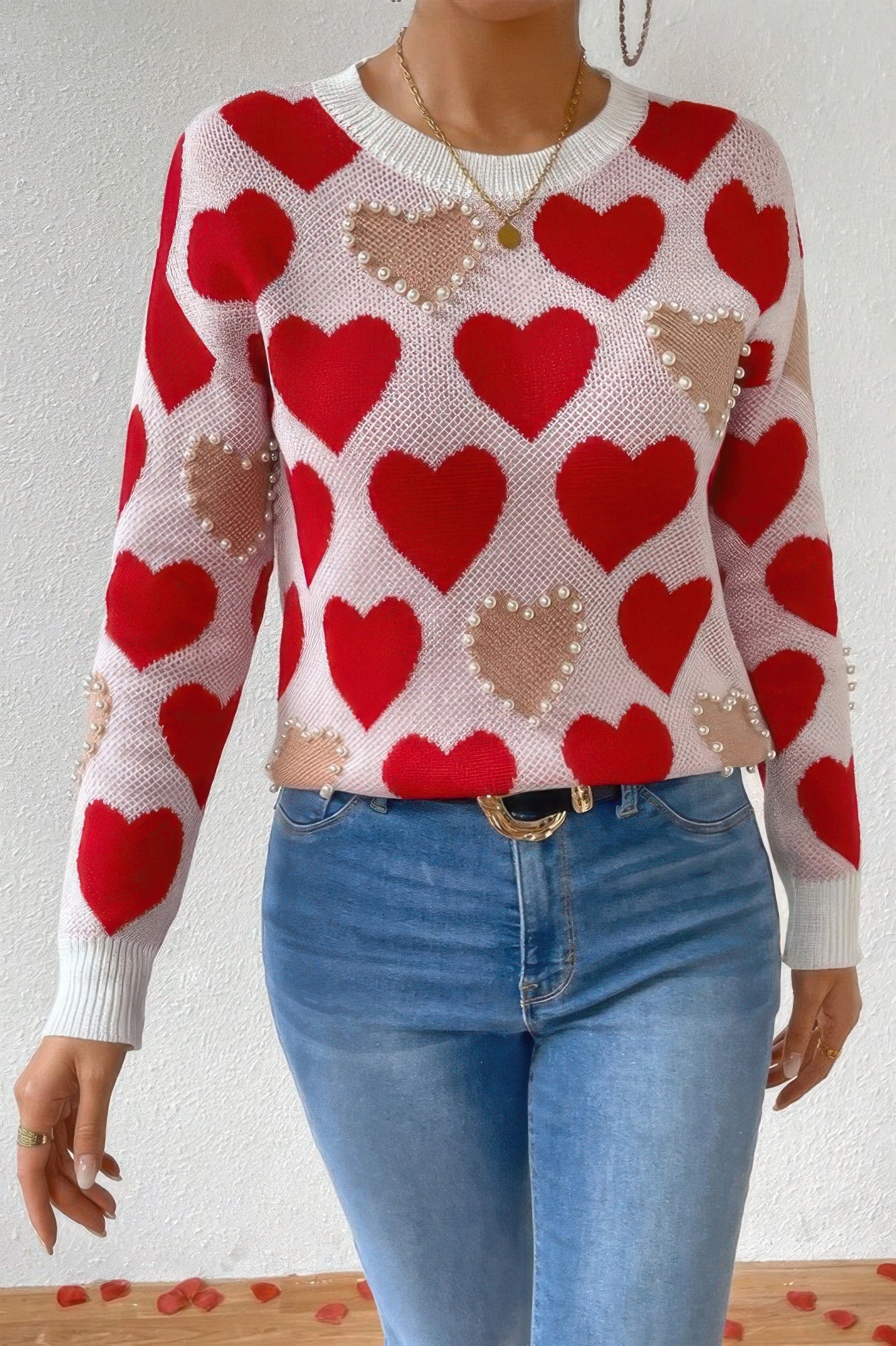 Round Neck Heart Shape Pearl Beads Knit Sweater - It's a Girly Place
