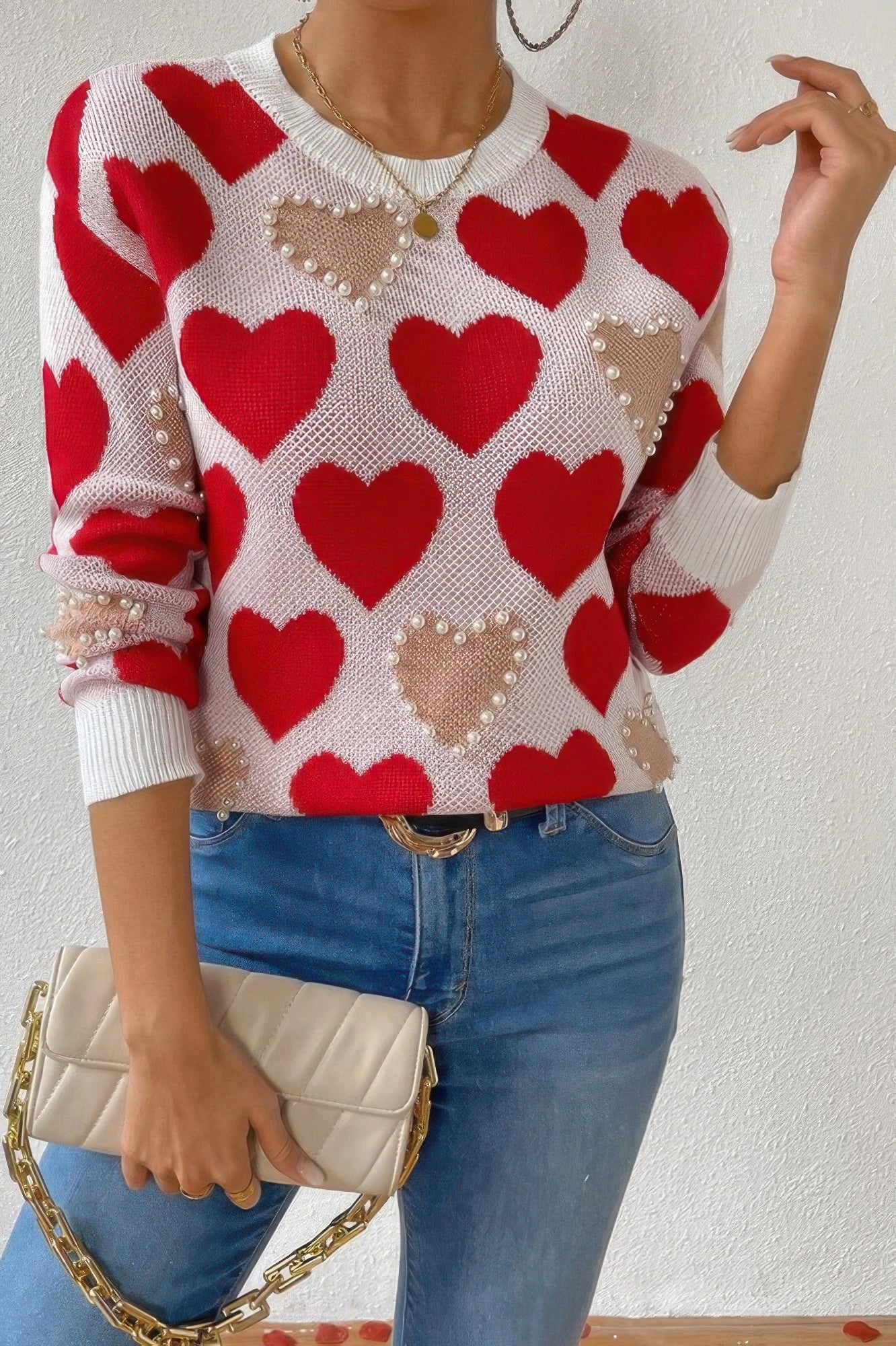 Round Neck Heart Shape Pearl Beads Knit Sweater - It's a Girly Place