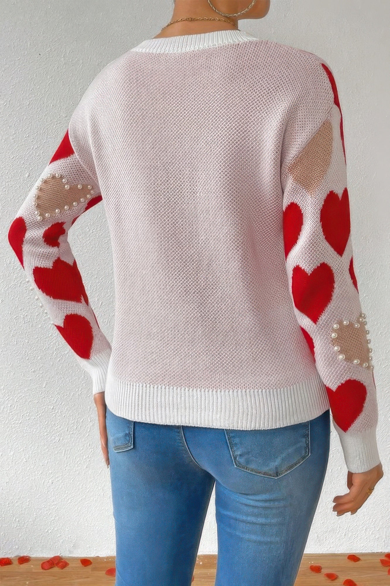 Round Neck Heart Shape Pearl Beads Knit Sweater - It's a Girly Place