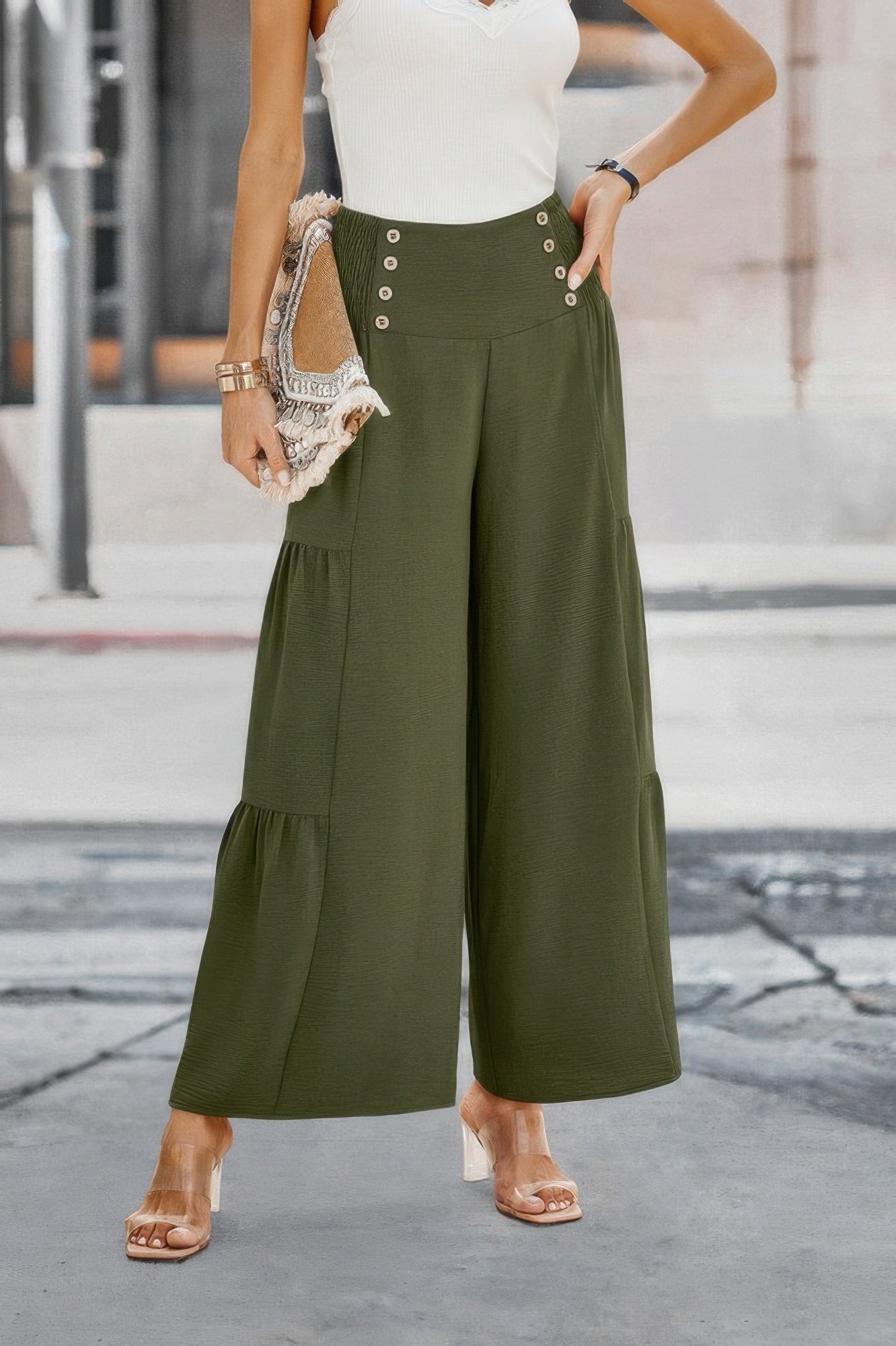 Solid Ruffle Button Wide Leg Pant - It's a Girly Place