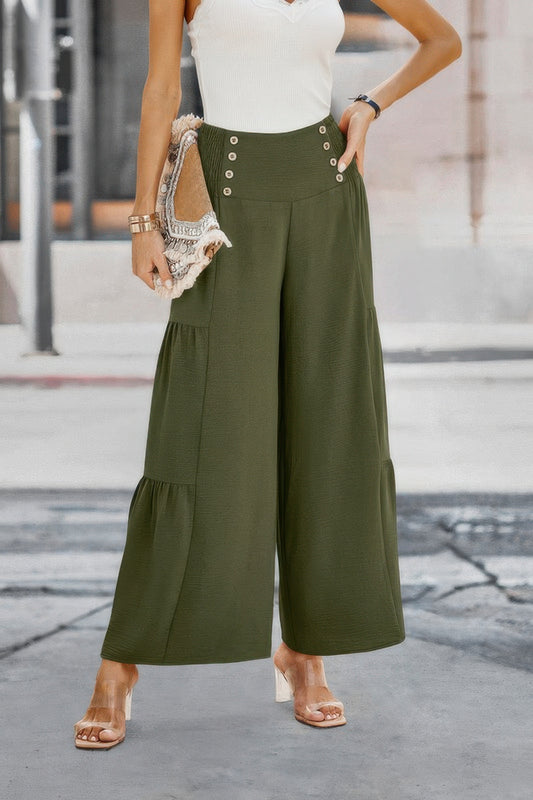 Solid Ruffle Button Wide Leg Pant - It's a Girly Place