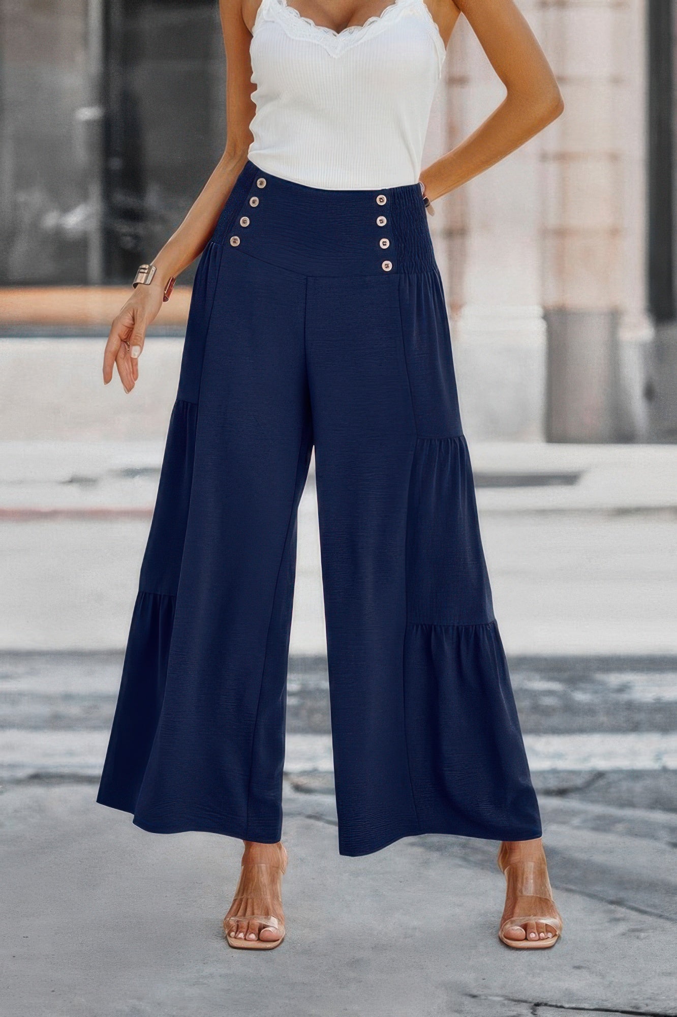 Solid Ruffle Button Wide Leg Pant - It's a Girly Place