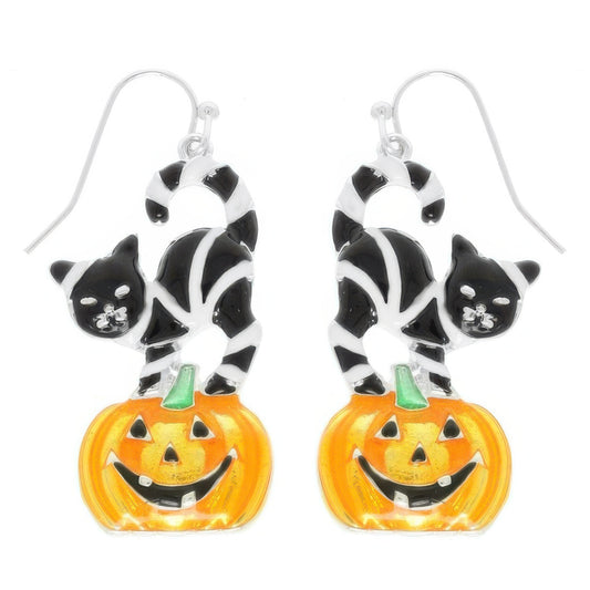 Halloween Black Cat On Pumpkin Earrings - It's a Girly Place