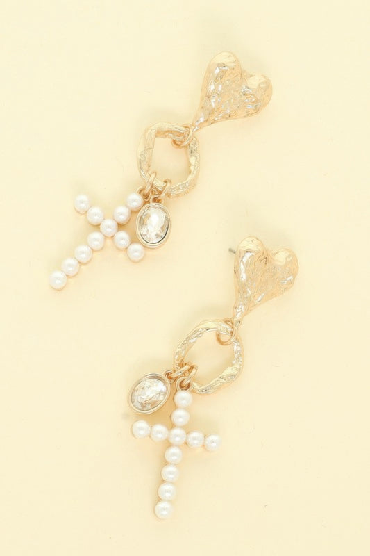 Jeweled Cross Heart Charm Earrings - It's a Girly Place