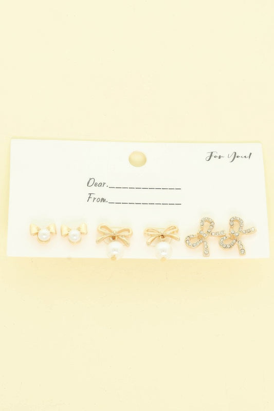 3 Pair Jeweled Bow Stud Earring Set - It's a Girly Place