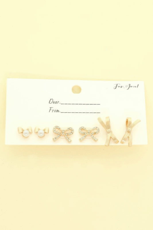 3 Pair Jeweled Bow Stud Earring Set - It's a Girly Place