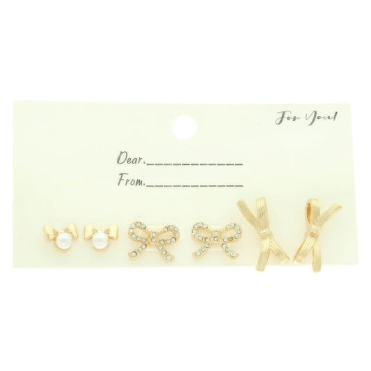 3 Pair Jeweled Bow Stud Earring Set - It's a Girly Place