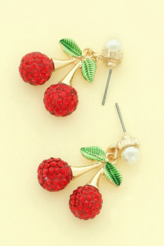 Jeweled Red Cherry Charm Earrings - It's a Girly Place