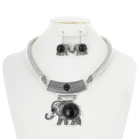 Elephant Turquoise Bib Necklace Earring Set - It's a Girly Place