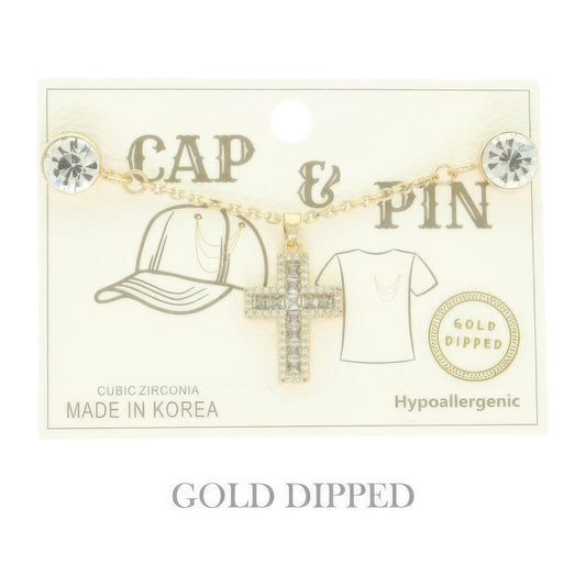 Gold Plated Cross Charm Chain Pin - It's a Girly Place