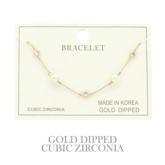 Gold Plated Pearl Cz Station Bracelet - It's a Girly Place