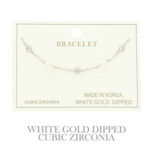 Gold Plated Pearl Cz Station Bracelet - It's a Girly Place