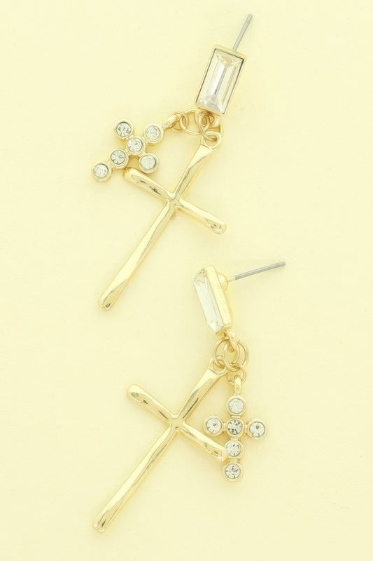Stick And Rhinestone Cross Charm Crystal Earrings - It's a Girly Place