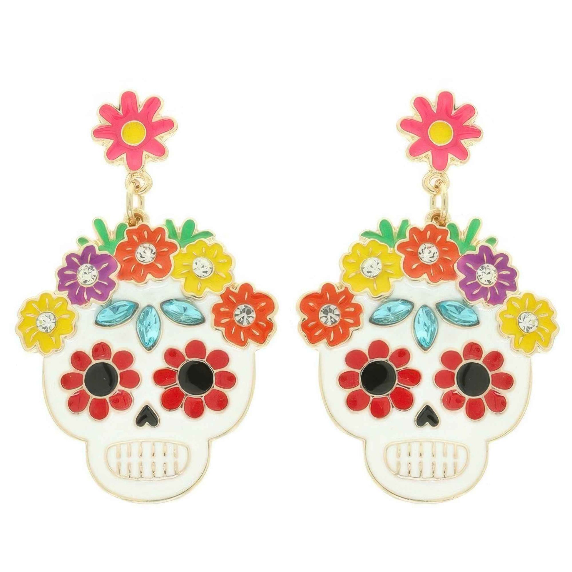 Floral Jeweled Enamel Sugar Skull Earrings