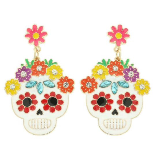 Floral Jeweled Enamel Sugar Skull Earrings
