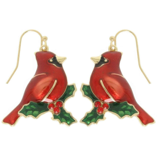 Christmas Enamel Cardinal Dangle Earrings