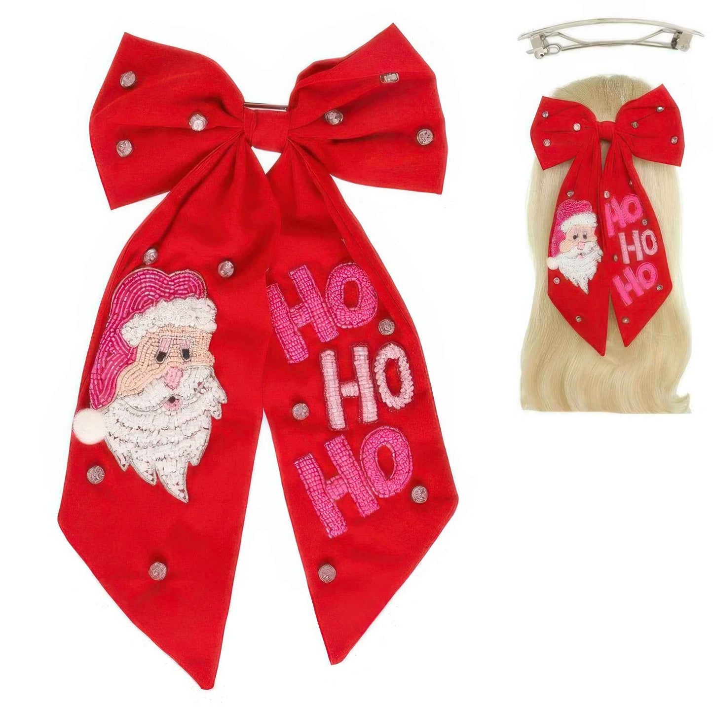Christmas Santas Hohoho Bow Barrette Hair Clip