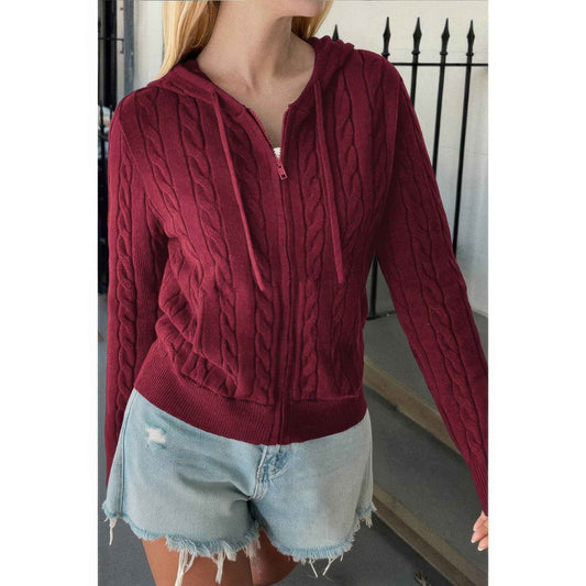 Solid Pocket Cable Knit Hooded Jacket