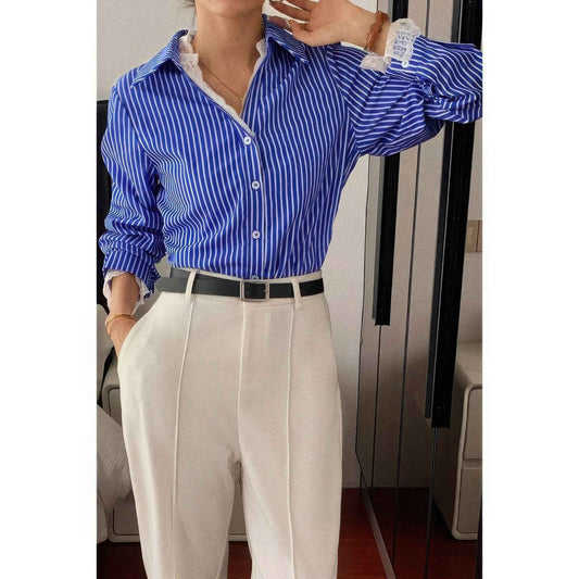 Striped Button Down Lace Detail Loose Shirt
