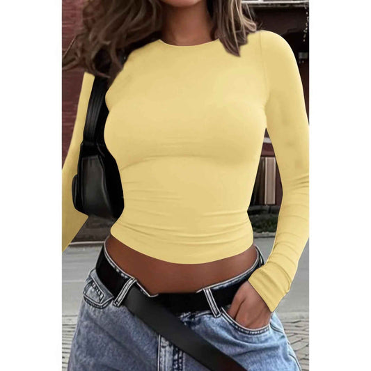 Round Neck Solid Long Sleeve Slim Fit Shirt