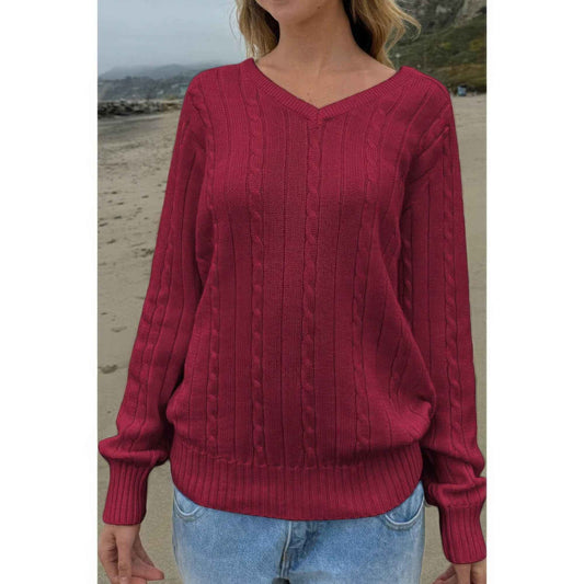 V Neck Solid Long Sleeves Cable Knit Sweater