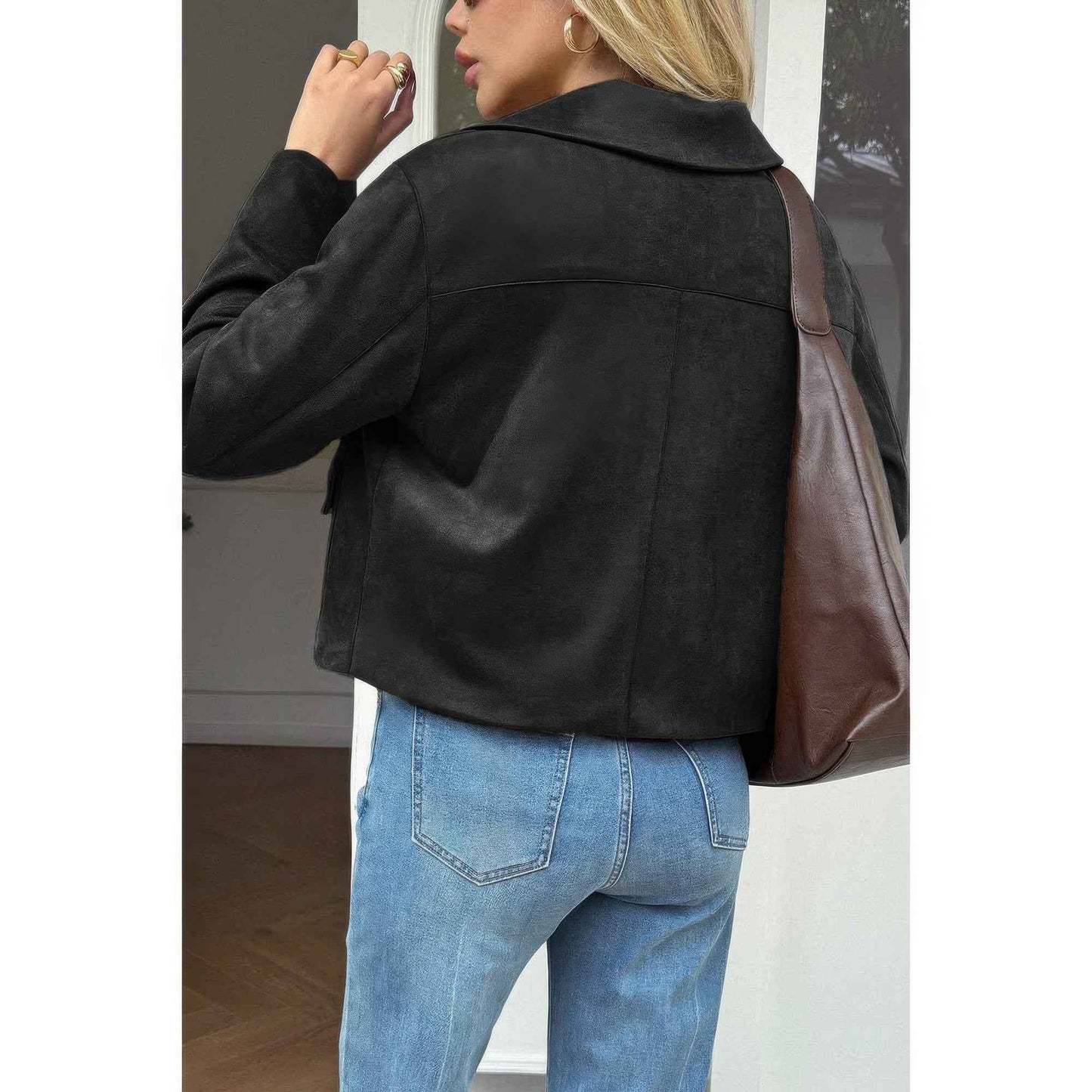 Solid Suit Lapel Faux Suede Leather Jacket