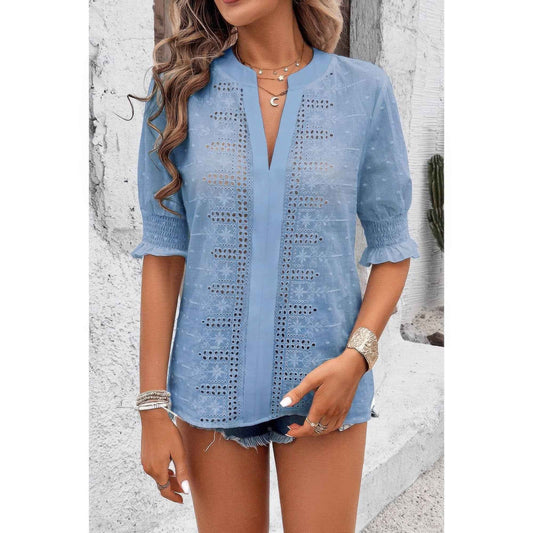 Solid Hollow Out Ruffle Hem V Neck Loose Blouse