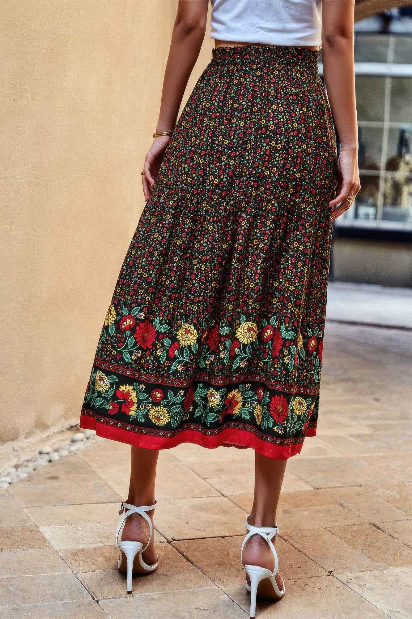 Drawstring Floral Ruffled Maxi Skirt