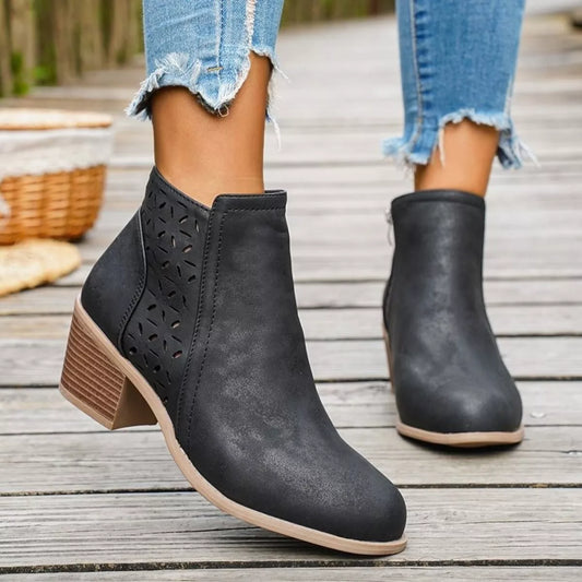 Block Heel Ankle Boots with Cutout Detail