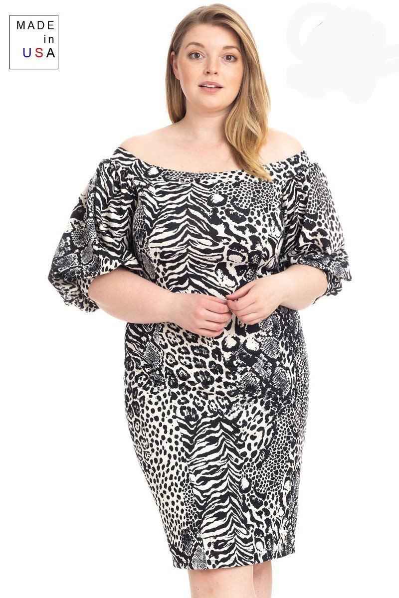 Plus Size Animal Print Crepe Stretch Bodycon Dress – Black/Ivory