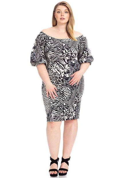 Plus Size Animal Print Crepe Stretch Bodycon Dress – Black/Ivory