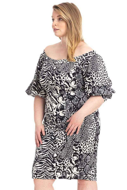 Plus Size Animal Print Crepe Stretch Bodycon Dress – Black/Ivory