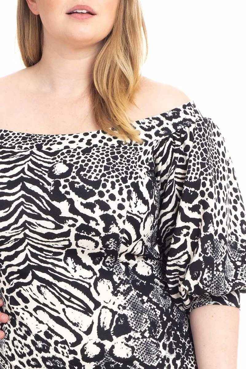 Plus Size Animal Print Crepe Stretch Bodycon Dress – Black/Ivory