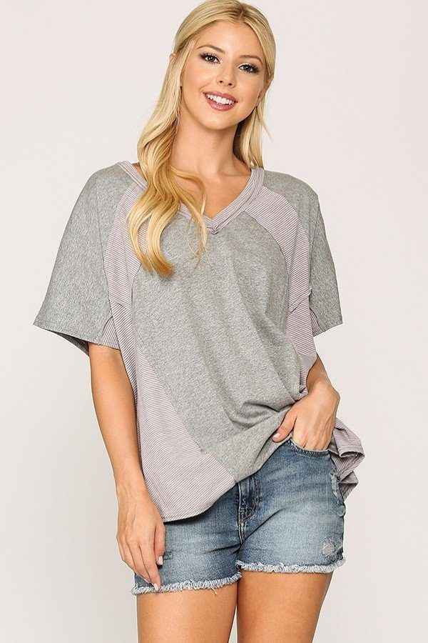 Rib Knit Mixed Dolman Sleeve Top With Round Hem