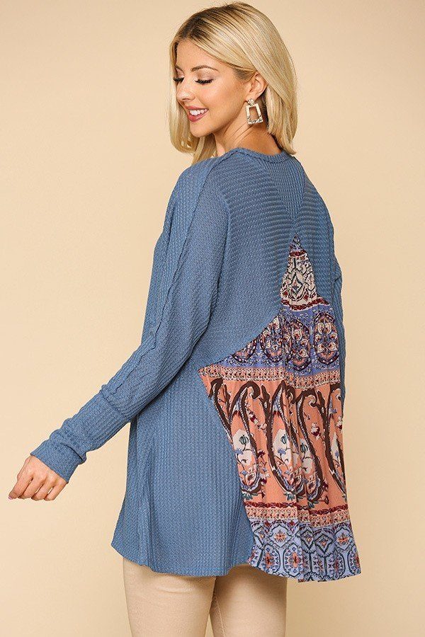 Waffle Knit And Woven Print Mixed Hi Low Flowy Tunic Top - It's a Girly Place