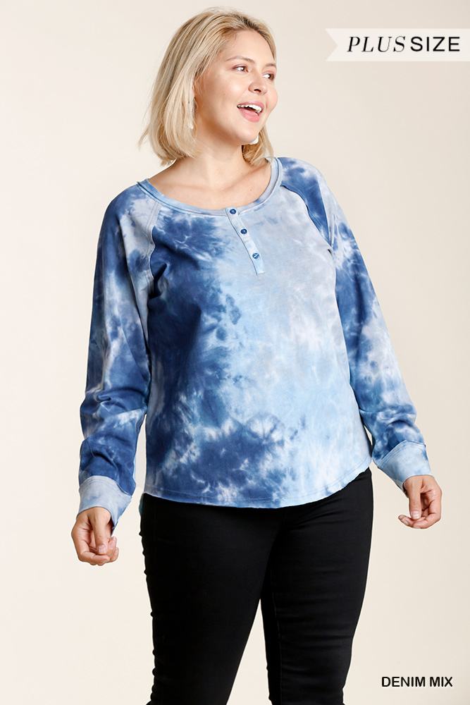 Tie-dye Button Front Long Raglan Sleeve Top With Raw Hem - It's a Girly Place