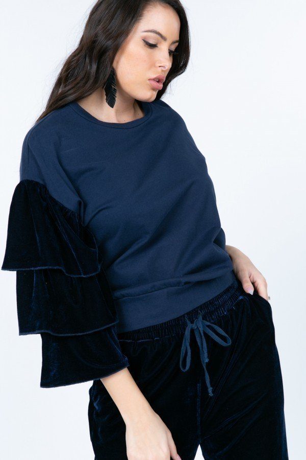 Tiered Velvet Ruffle Sleeve Pullover Crewneck Top - It's a Girly Place