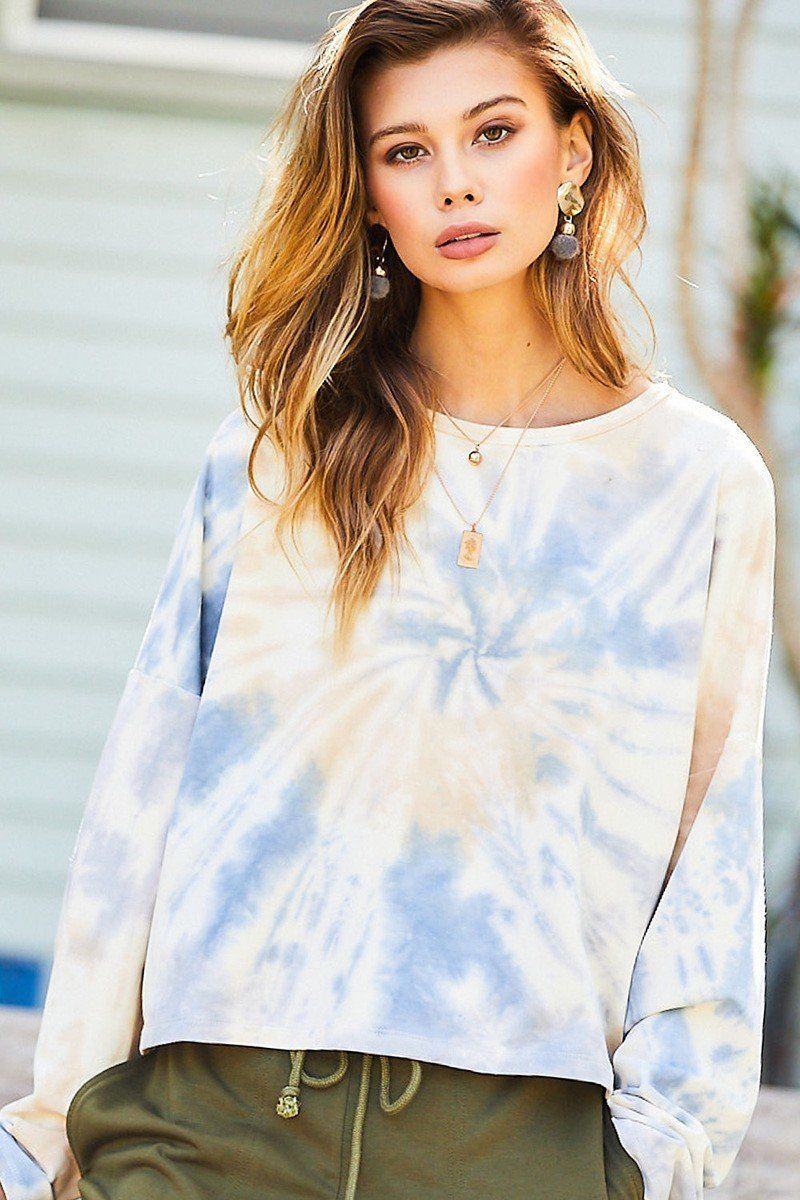 Round Neck Oversize Fit Crop Tie-dye French Terry Pullover - It's a Girly Place